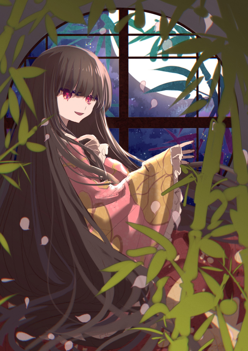 1girl absurdres bamboo bangs black_hair blouse bow eyebrows_visible_through_hair hand_up highres houraisan_kaguya long_hair long_sleeves looking_at_viewer moon night night_sky no_headwear open_mouth pink_blouse pink_eyes pink_sleeves red_skirt shocho_(shaojiujiu) sitting skirt sky smile solo touhou white_bow white_neckwear window