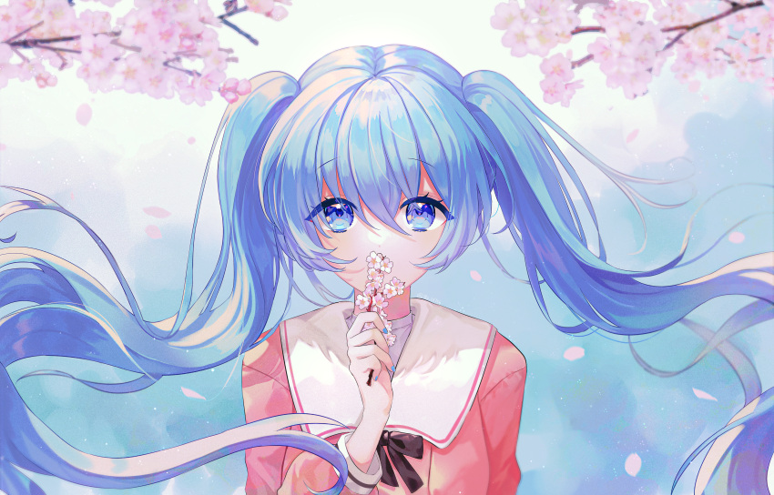 182_1x156_(gkyn8274) 1girl absurdres bangs black_ribbon blue_eyes blue_hair blue_nails branch collared_shirt eyebrows_visible_through_hair floating_hair flower hair_between_eyes hatsune_miku highres holding holding_branch huge_filesize long_hair looking_at_viewer nail_polish petals pink_flower pink_shirt ribbon sailor_collar sailor_shirt shiny shiny_hair shirt solo twintails upper_body very_long_hair vocaloid white_flower white_sailor_collar