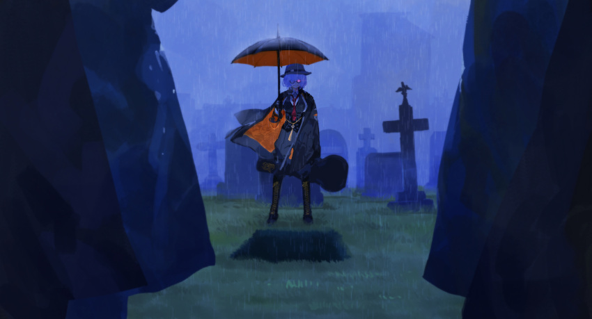 1girl 2others cape commentary_request full_body funeral girls_frontline glasses glowing glowing_eye grass grave graveyard grin guitar_case highres instrument_case multiple_others mush necktie official_alternate_costume out_of_frame outdoors rain smile thompson_(girls_frontline) tombstone umbrella