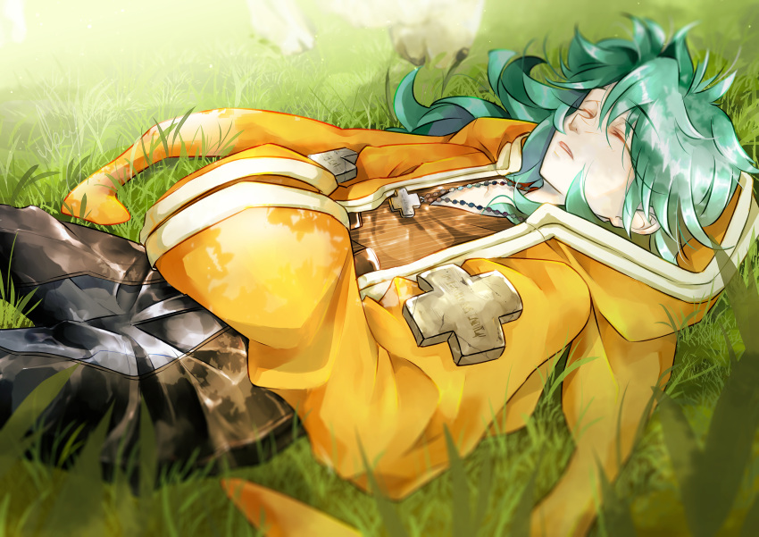 1boy absurdres bangs closed_eyes coat grass green_hair hands_on_own_stomach highres hood houshin_engi long_hair long_sleeves lying male_focus messy_hair on_back on_ground sleeping solo taijou_roukun user_cssj3285 wide_sleeves