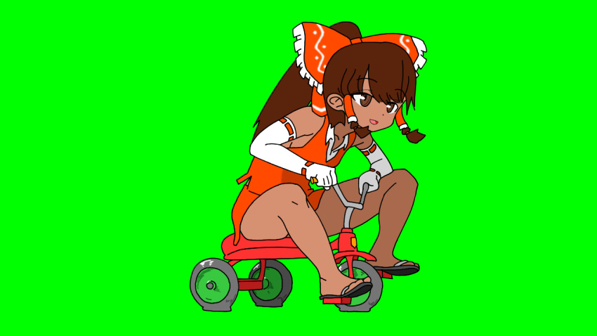 1girl agucala_(cookie) alternate_skin_color animated animated_gif bangs bow brown_eyes brown_hair commentary_request cookie_(touhou) elbow_gloves eyebrows_visible_through_hair frilled_bow frills full_body gloves green_background hair_between_eyes hair_bow hakurei_reimu long_hair looking_afar meow25meow open_mouth panties pantyshot ponytail red_bow red_shirt red_skirt riding sandals shirt simple_background skirt sleeveless sleeveless_shirt solo tan touhou tricycle underwear white_gloves