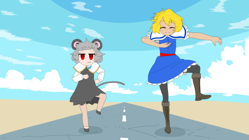 2girls alice_margatroid animal_ears animated animated_gif bangs black_dress black_footwear black_legwear blue_dress blue_sky blush bouncing capelet closed_eyes closed_mouth clouds commentary_request cookie_(touhou) desert dress eyebrows_visible_through_hair full_body grey_hair hair_between_eyes highres horizon jewelry kofji_(cookie) long_sleeves looking_at_viewer looping_animation meow25meow mouse_ears mouse_tail multiple_girls nazrin open_mouth outdoors pantyhose pendant red_sash road sash shirt short_hair sky smile tail touhou walking web_(cookie) white_capelet white_shirt