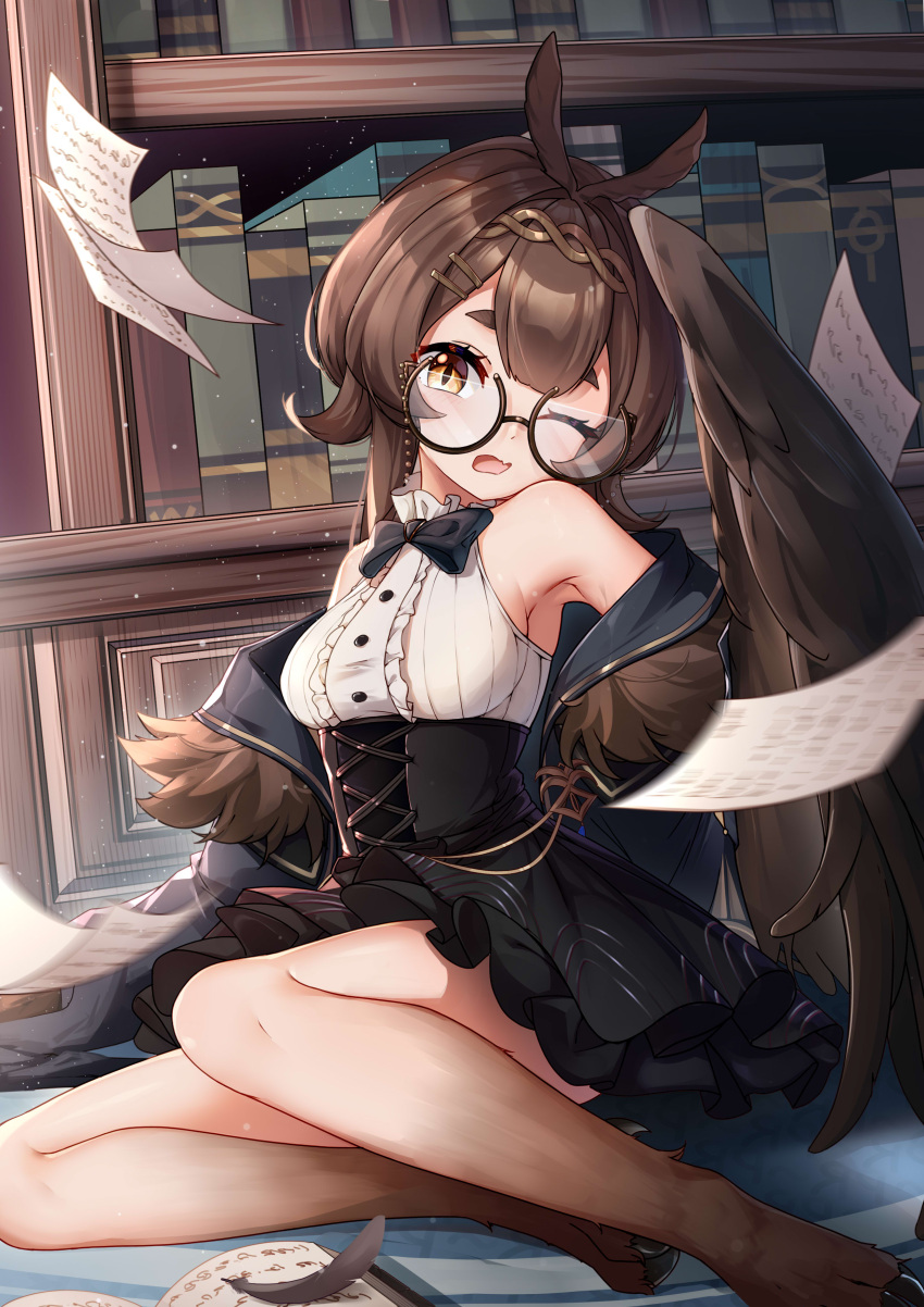 1girl absurdres bangs bare_shoulders bird_legs black_jacket black_legwear book bookshelf breasts brown_eyes brown_hair brown_wings chinese_commentary clover_theater commentary_request feathered_wings glasses harpy high-waist_skirt highres jacket looking_at_viewer medium_breasts monster_girl norris_(clover_theater) one_eye_closed open_mouth paper qianze_chia shirt short_hair sitting skirt sleeveless sleeveless_shirt solo thick_eyebrows white_shirt winged_arms wings