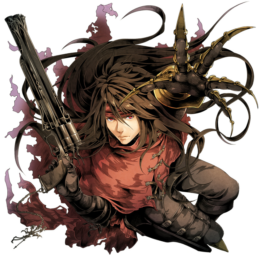 1boy angry black_hair clawed_gauntlets claws cloak final_fantasy final_fantasy_vii floating_hair full_body gun hairband highres hiromyan holding holding_gun holding_weapon long_hair looking_at_viewer male_focus pants red_cloak red_eyes revolver simple_background solo vincent_valentine weapon white_background
