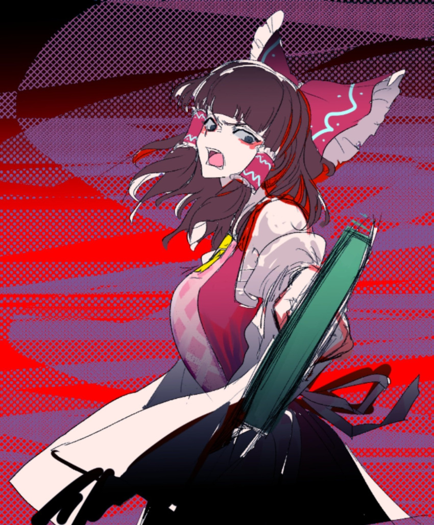 1girl abstract_background apron ascot bangs blunt_bangs bow brown_hair cookie_(touhou) cowboy_shot detached_sleeves frilled_bow frilled_hair_tubes frills grater green_eyes hair_bow hair_tubes hakurei_reimu highres holding long_hair looking_at_viewer on_(_l0_) open_mouth pink_apron red_bow red_shirt rurima_(cookie) sarashi shirt sleeveless sleeveless_shirt solo touhou white_sleeves yellow_neckwear