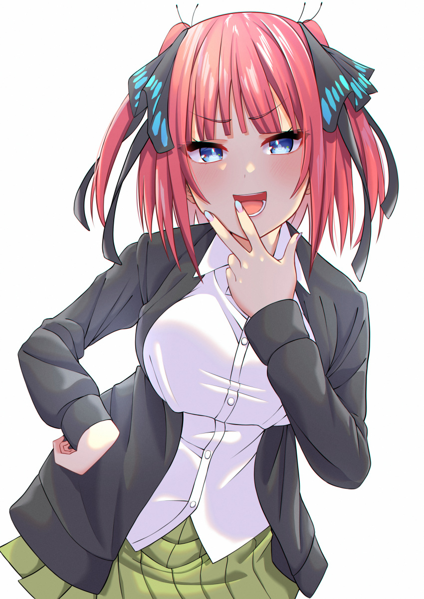 1girl :d absurdres bangs black_cardigan black_ribbon blue_eyes blunt_bangs blush breasts butterfly_hair_ornament cardigan collared_shirt commentary_request contrapposto cowboy_shot eyebrows_visible_through_hair go-toubun_no_hanayome green_skirt hair_ornament hair_ribbon hand_on_hip highres huge_filesize kyaro_(carrot) large_breasts long_sleeves looking_at_viewer multicolored multicolored_nails nail_polish nakano_nino open_cardigan open_clothes open_mouth pink_hair pleated_skirt ribbon school_uniform shirt short_hair sidelocks simple_background skirt smile solo standing taut_clothes taut_shirt teeth two_side_up v_over_mouth white_background white_shirt