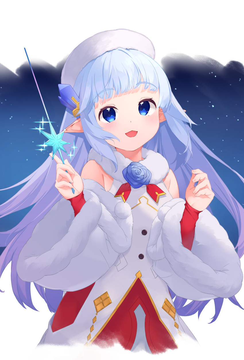 1girl :d absurdres bangs bare_shoulders blue_eyes blue_flower blue_hair blue_rose commentary_request crystal dress eyebrows_visible_through_hair flower fur-trimmed_sleeves fur_collar fur_hat fur_trim gradient_hair granblue_fantasy hands_up hat highres holding holding_wand lily_(granblue_fantasy) long_hair long_sleeves looking_at_viewer multicolored_hair open_mouth pointy_ears purple_hair red_sleeves rose sleeveless sleeveless_dress sleeves_past_wrists smile solo u-st_(uweiter) very_long_hair wand white_dress white_headwear white_sleeves wide_sleeves