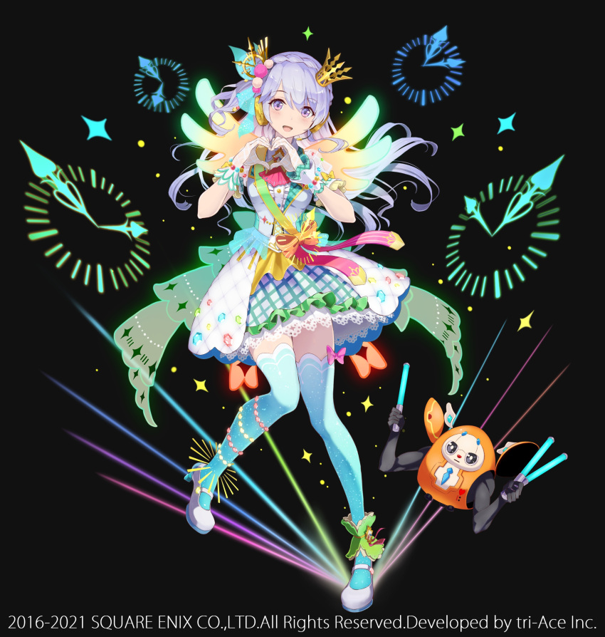 1girl :d absurdres bangs black_background blue_legwear braid breasts center_frills character_request clock commentary_request crown crown_braid dress eyebrows_visible_through_hair frills full_body gloves glowing glowing_wings glowstick hair_between_eyes heart heart_hands highres hoshizaki_reita looking_at_viewer medium_breasts mini_crown official_art open_mouth purple_hair robot shoes single_wrist_cuff smile sparkle standing standing_on_one_leg star_ocean star_ocean_anamnesis thigh-highs tilted_headwear violet_eyes white_dress white_footwear white_gloves wings wrist_cuffs