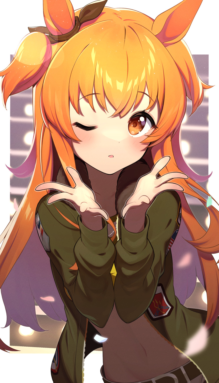 1girl absurdres animal_ears bangs black_ribbon blush border brown_eyes commentary_request ear_ribbon face green_jacket hands highres horse_ears horse_girl jacket long_hair long_sleeves looking_at_viewer mayano_top_gun_(umamusume) one_eye_closed open_clothes open_jacket orange_hair outside_border ribbon solo takom twintails two_side_up umamusume upper_body white_border