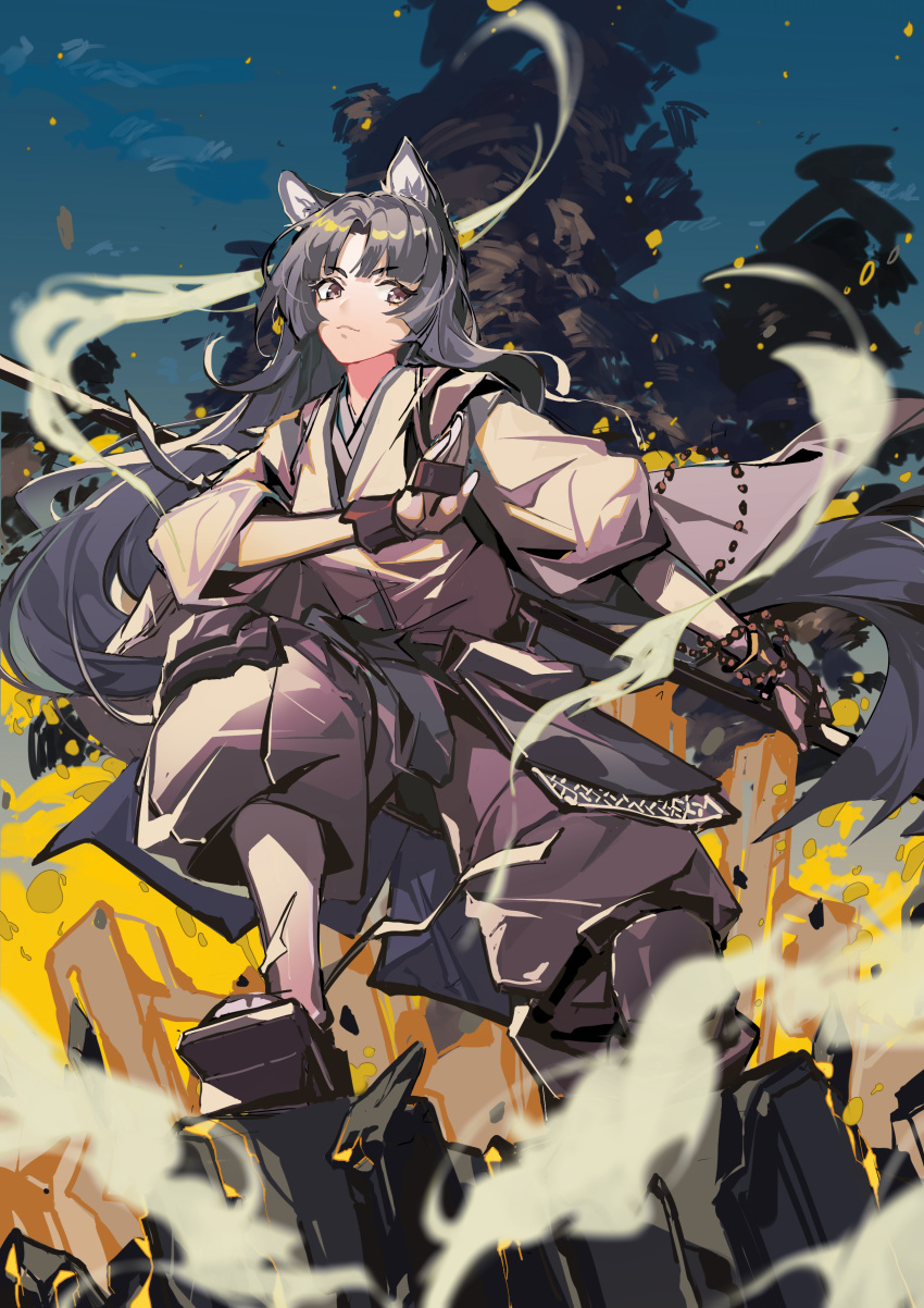 1girl absurdres animal_ears arknights bangs beads black_kimono black_pants blurry blurry_foreground brown_eyes brown_hair closed_mouth dog_ears eyebrows_visible_through_hair full_body geta hand_up highres holding holding_polearm holding_weapon japanese_clothes kimono long_hair long_sleeves looking_at_viewer messy_hair pants parted_bangs polearm prayer_beads saga_(arknights) sidelocks sky socks solo standing sunshine_(1638509769) weapon white_legwear wide_sleeves