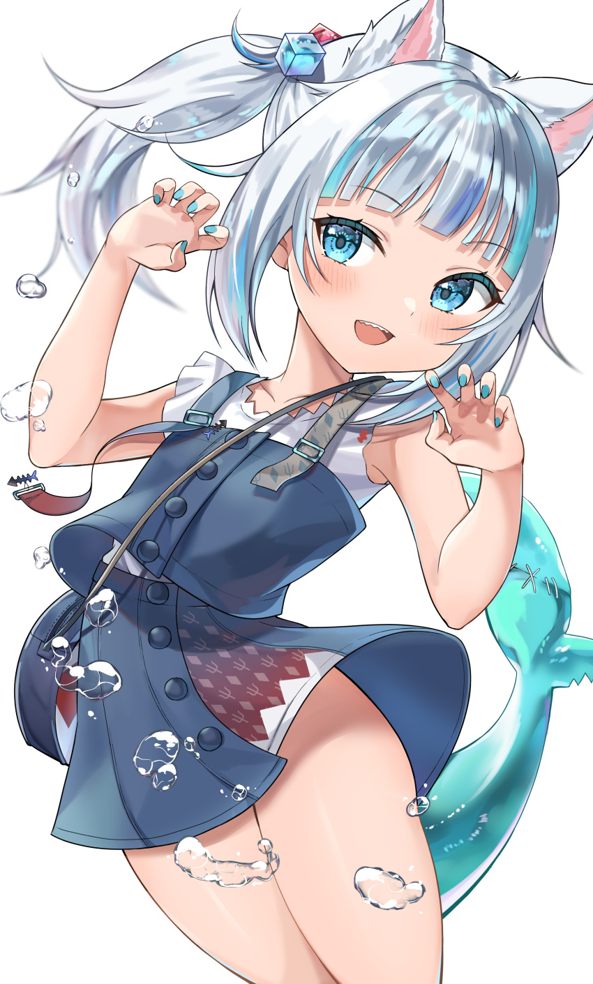 1girl absurdres akito_(eyzz3775) animal_ears blue_eyes blue_hair blue_nails blue_skirt bubble buttons cat_ears claw_pose commentary cowboy_shot extra_ears eyebrows_visible_through_hair fish_tail gawr_gura hair_cubes hair_ornament highres hololive hololive_english kemonomimi_mode long_hair looking_at_viewer multicolored_hair open_mouth ponytail shark_tail sharp_teeth shirt silver_hair skirt solo standing streaked_hair suspenders symbol_commentary tail teeth thighs white_shirt
