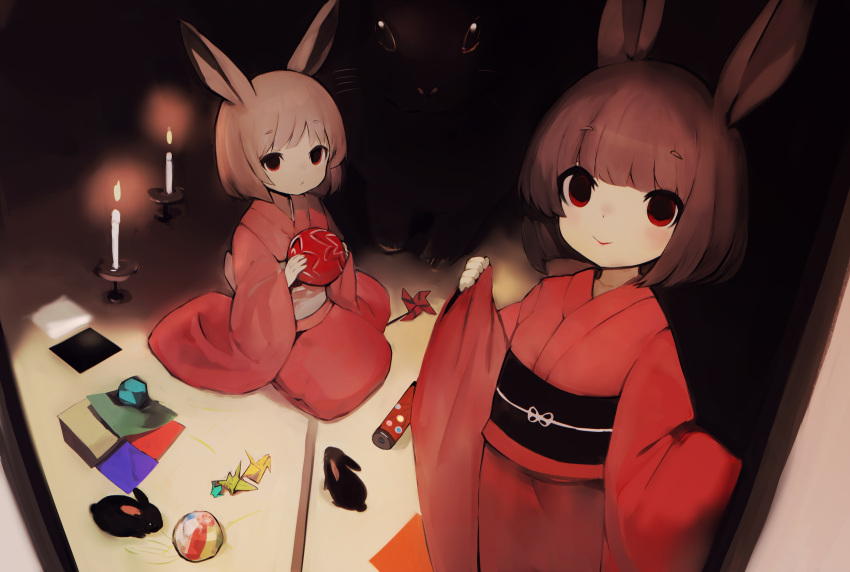 2girls animal animal_ears ball brown_hair candle closed_mouth commentary_request empty_eyes fire highres holding holding_ball indoors japanese_clothes kimono long_sleeves looking_at_viewer multiple_girls obi origami original pinching_sleeves pinwheel rabbit rabbit_ears red_eyes red_kimono red_lips sash seiza short_eyebrows short_hair sitting sleeves_past_wrists smile standing thick_eyebrows u_(rat3333)