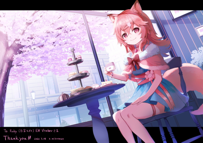 1girl absurdres animal_ear_fluff animal_ears bead_bracelet beads bracelet building cake cake_slice capelet cat_ears cat_girl cat_tail cherry_blossoms commission croissant cup dress food fur-trimmed_capelet fur_trim highres holding holding_cup indie_virtual_youtuber indoors jewelry kyo_mizusawa lamppost looking_at_viewer macaron medium_hair petals sandwich sash shirogane_ruby sitting skeb_commission smile table tail teacup tree virtual_youtuber