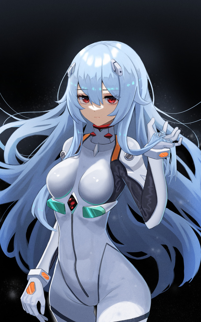 1girl absurdres alternate_hair_length alternate_hairstyle arm_at_side ayanami_rei bad_id bad_pixiv_id bangs blue_hair bodysuit breasts closed_mouth cowboy_shot expressionless eyebrows_visible_through_hair gloves hair_between_eyes hair_ornament hand_in_hair hand_up highres huge_filesize long_hair looking_at_viewer medium_breasts nebu_(pixiv22443854) neon_genesis_evangelion plugsuit redhead solo thigh_gap very_long_hair white_bodysuit white_gloves