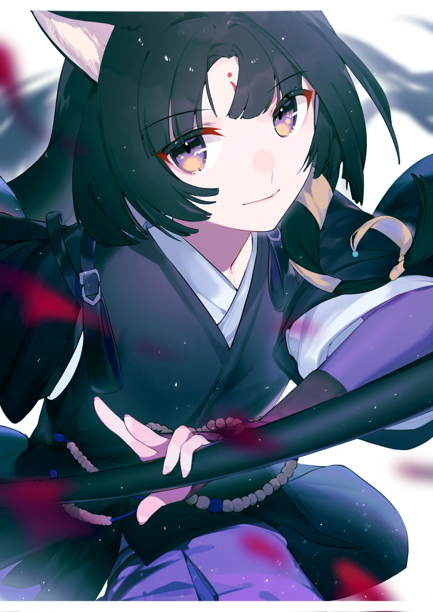 1girl absurdres animal_ears arknights bead_necklace beads black_gloves black_hair black_kimono blurry blurry_background blurry_foreground closed_mouth commentary_request dog_ears dog_girl eyebrows_visible_through_hair facial_mark fingerless_gloves forehead_mark fui_(fui29493452) gloves hand_up highres holding holding_weapon japanese_clothes jewelry kimono light_smile long_hair looking_at_viewer necklace saga_(arknights) shoulder_strap solo violet_eyes weapon