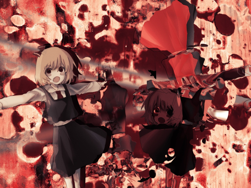 1girl abstract_background bangs black_skirt black_vest blonde_hair blush_stickers collared_shirt commentary cookie_(touhou) eyebrows_visible_through_hair fang feet_out_of_frame hair_between_eyes hair_ribbon highres looking_at_viewer nadeko_(cookie) on_(_l0_) open_mouth outstretched_arms red_eyes red_neckwear red_ribbon reflection ribbon rumia shirt short_hair skirt spread_arms touhou vest white_shirt
