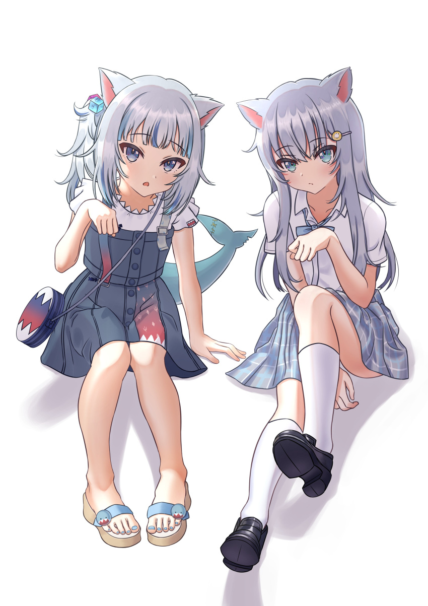 2girls absurdres animal_ears bag black_footwear blue_bow blue_dress blue_eyes blue_hair blue_skirt borrowed_character bow buttons cat_ears commentary creator_connection crossover dress english_commentary eyebrows_visible_through_hair fish_tail full_body gawr_gura hair_cubes hair_ornament hairclip highres hololive hololive_english jedd_(jeddisorange) knee_up looking_at_viewer multicolored_hair multiple_girls nacho_(amashiro_natsuki) original paw_pose plaid plaid_skirt sandals shark_tail shirt shoulder_bag silver_hair simple_background sitting skirt socks streaked_hair tail white_background white_legwear white_shirt