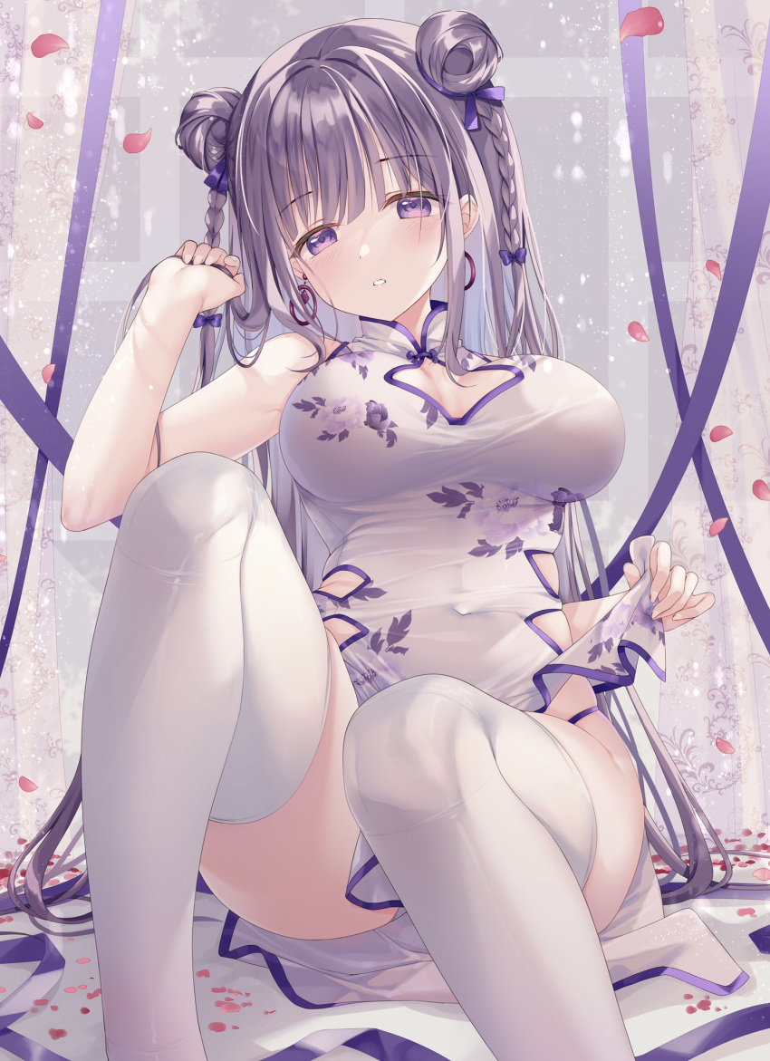 1girl bangs bare_shoulders blush braid breasts china_dress chinese_clothes cleavage_cutout clothing_cutout commentary_request double_bun dress eyebrows_visible_through_hair feet_out_of_frame hand_up highres holding_hands large_breasts legs long_hair looking_at_viewer original parted_lips purple_hair purple_ribbon ribbon sitting solo sousouman thigh-highs twintails very_long_hair violet_eyes white_dress white_legwear