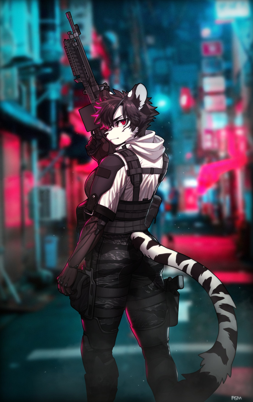1girl absurdres animal_ears back black_hair blurry blurry_background commission feet_out_of_frame furry gun handgun highres holding holding_gun holding_weapon holster holstered_weapon light_machine_gun looking_at_viewer night original outdoors pants pgm300 pistol pouch red_eyes short_hair solo standing tail thigh_holster trigger_discipline watermark weapon