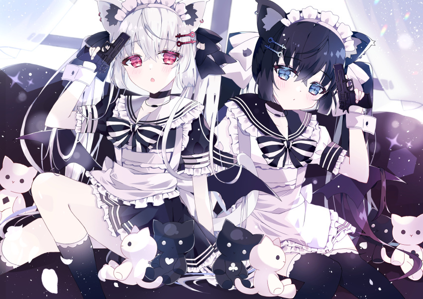 2girls animal_ear_fluff animal_ears aoi_yugina apron bangs bat_wings black_eyes black_hair black_legwear blue_eyes bow bowtie cat_ears choker closed_mouth dress earrings eyebrows_visible_through_hair frilled_dress frilled_sleeves frills glock gun hair_between_eyes hair_ornament hairclip hand_up handgun highres holding holding_gun holding_weapon jewelry long_hair looking_at_viewer maid_apron maid_headdress messy_hair multiple_girls open_mouth original short_sleeves sidelocks sitting socks stuffed_animal stuffed_toy thigh-highs thighs twintails weapon white_hair wings wrist_cuffs