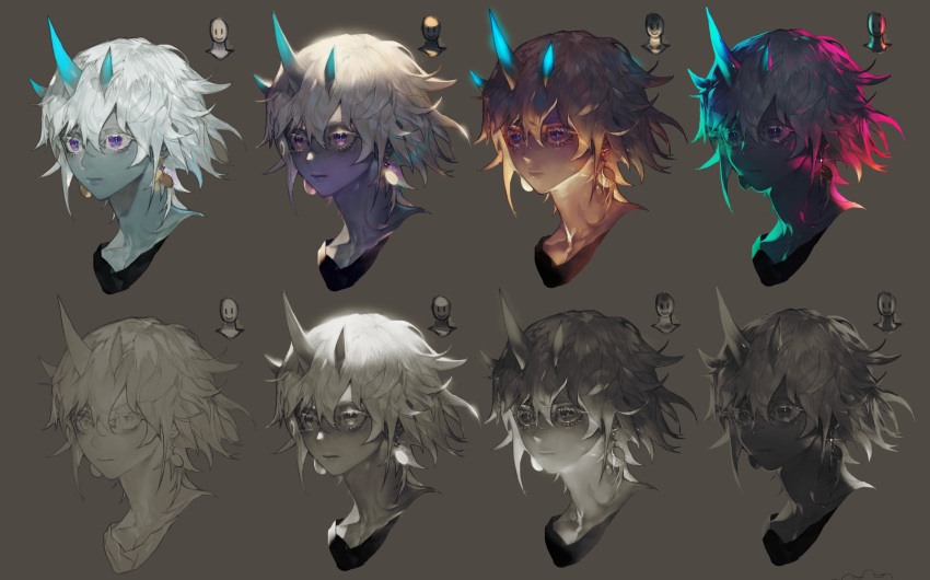 1boy backlighting blue_pupils closed_mouth cropped_shoulders earrings glowing_horns grey_background highres horns jewelry male_focus multiple_horns multiple_views original pigeon666 portrait simple_background slit_pupils underlighting violet_eyes white_hair