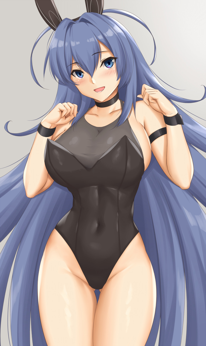 1girl absurdly_long_hair animal_ears arciealbano azur_lane bare_legs black_leotard blue_eyes blue_hair bodystocking choker covered_collarbone covered_navel cowboy_shot detached_collar eyebrows_visible_through_hair hair_between_eyes highres leotard long_hair looking_at_viewer new_jersey_(azur_lane) new_jersey_(exhilarating_steps!)_(azur_lane) official_alternate_costume open_mouth playboy_bunny rabbit_ears solo strapless strapless_leotard very_long_hair