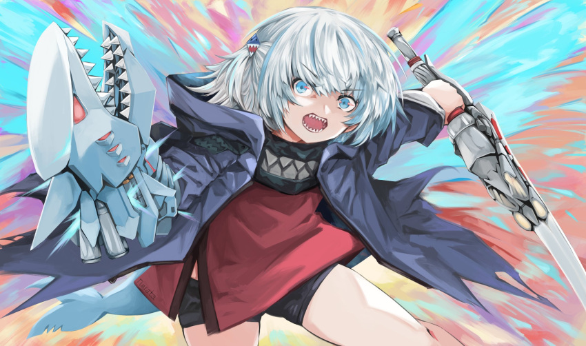 1girl artist_name bangs black_shorts blue_eyes blue_hair crossover devil_may_cry_(series) devil_may_cry_5 devil_trigger fish_tail gawr_gura highres holding holding_sword holding_weapon hololive hololive_english looking_at_viewer mechanical_arms multicolored_hair open_mouth red_shirt shark_tail sharp_teeth shirt short_shorts shorts silver_hair single_mechanical_arm solo streaked_hair sword tail teeth tunnarata v-shaped_eyebrows weapon