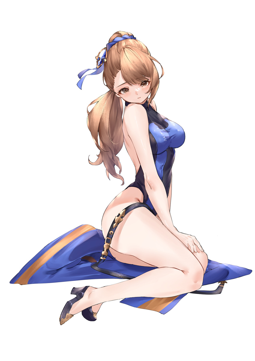 1girl bangs beatrix_(granblue_fantasy) blush breasts brown_eyes brown_hair eyebrows_visible_through_hair full_body granblue_fantasy high_heels highres large_breasts long_hair looking_at_viewer majo_(pastamajo) one-piece_swimsuit ponytail simple_background solo swimsuit white_background