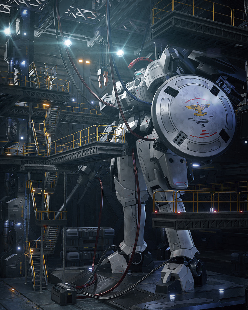 3d cable english_commentary gun gundam gundam_wing hangar highres holding holding_gun holding_weapon lights mecha mobile_suit no_humans realistic science_fiction shield stairs standing tallgeese visor weapon yuki.o.3dcg