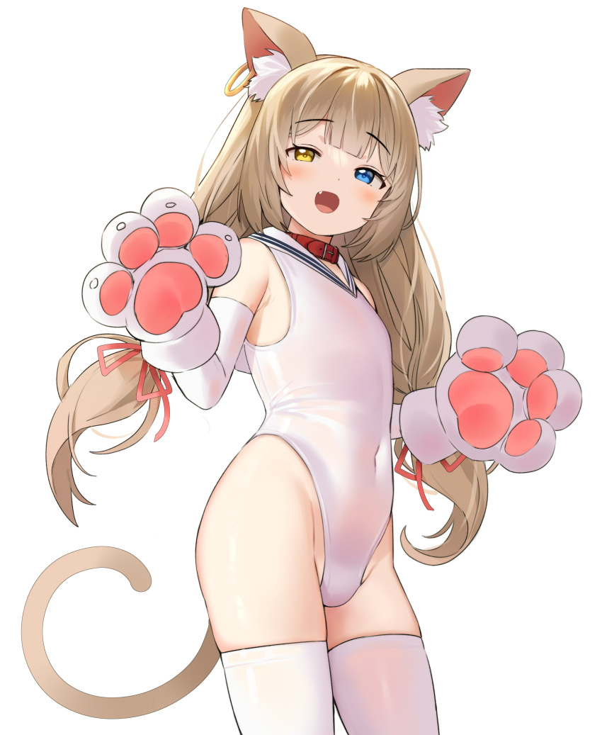1girl absurdres animal_ear_fluff animal_ears belt_collar blonde_hair blue_eyes blush cat_ears cat_girl cat_paws cat_tail collar competition_swimsuit covered_navel eyebrows_visible_through_hair fang flat_chest gloves heterochromia highres long_hair looking_at_viewer low_twintails meettheton one-piece_swimsuit open_mouth original paw_gloves paws sailor_collar simple_background solo standing swimsuit tail thigh-highs twintails white_background white_legwear white_swimsuit yellow_eyes