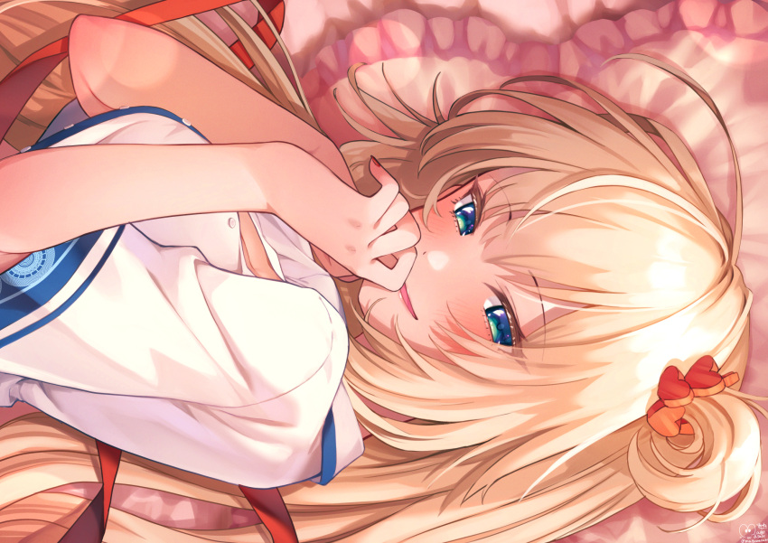 1girl akai_haato bangs blonde_hair blue_eyes blush braid breasts commentary_request eyebrows_visible_through_hair hair_ribbon hands_up headpat highres hololive long_hair looking_at_viewer magowasabi one_side_up red_ribbon ribbon shirt short_sleeves signature solo twin_braids upper_body virtual_youtuber white_shirt