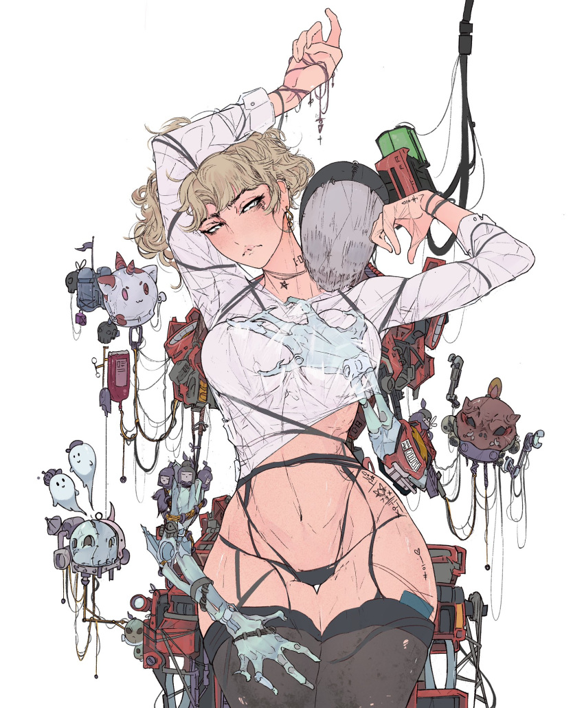 1girl arms_up black_legwear black_panties breast_grab breasts cowboy_shot earrings elliemaplefox grabbing grabbing_from_behind hand_under_clothes highres jewelry large_breasts light_brown_hair mechanical_arms navel original panties robot see-through_shirt tattoo thigh-highs underwear white_background