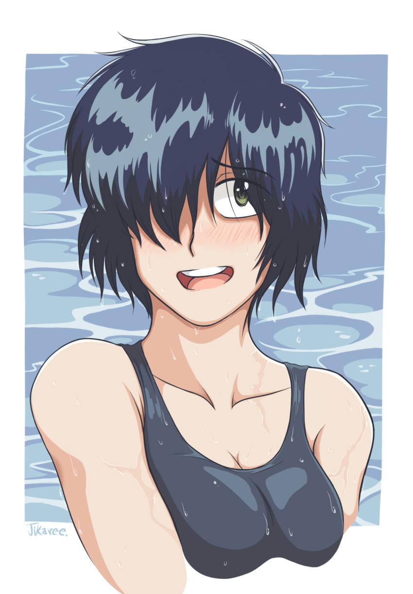 1girl bare_shoulders black_hair blush breasts collarbone competition_swimsuit green_eyes hair_over_one_eye highres nazo_no_kanojo_x one-piece_swimsuit pool redrawn short_hair smile swimsuit urabe_mikoto water wet wet_clothes wet_hair