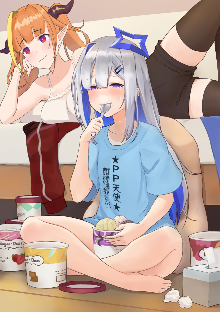 2girls alternate_costume amane_kanata angel bangs bare_legs bare_shoulders barefoot bed black_legwear black_shorts blonde_hair blue_hair blue_shirt blunt_bangs blush breasts bright_pupils camisole collarbone colored_inner_hair crying crying_with_eyes_open cup disposable_cup doukyo's dragon_girl dragon_horns elbow_rest eyebrows_visible_through_hair fangs feet_out_of_frame food food_on_face frilled_camisole full_body haagen-dazs hair_between_eyes hair_intakes hair_ornament hairclip half-closed_eyes halo head_rest highlights highres holding holding_spoon hololive horns ice_cream ice_cream_cup indian_style indoors jacket jacket_removed kiryu_coco large_breasts long_hair looking_away lying mugiwara_boushi_(a26666221) multicolored multicolored_eyes multicolored_hair multiple_girls no_pants official_alternate_costume on_bed on_side orange_hair pointy_ears pp_tenshi_t-shirt red_eyes red_jacket shirt short_shorts short_sleeves shorts silver_hair single_hair_intake sitting sitting_on_floor skin_fangs slit_pupils spaghetti_strap spoon star_(symbol) star_halo star_print streaked_hair t-shirt tears thigh-highs tissue tissue_box track_jacket twintails used_tissue utensil_in_mouth violet_eyes virtual_youtuber white_camisole wooden_floor