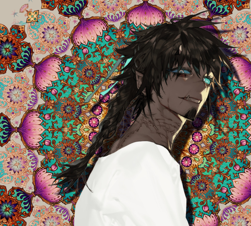 1boy abstract_background beard black_hair blue_pupils blue_sclera braid colored_sclera dark-skinned_male dark_skin facial_hair from_side long_hair looking_at_viewer looking_to_the_side original pigeon666 pointy_ears scar_on_neck shirt single_braid smile solo tusks upper_body white_eyes white_shirt