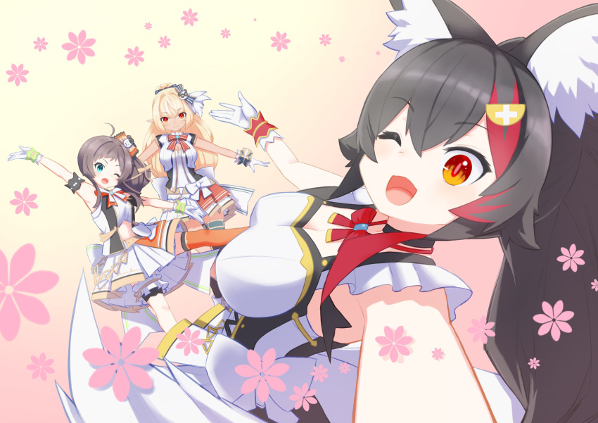 3girls ;d absurdres animal_ears bangs black_hair blurry bow_skirt corset depth_of_field eyebrows_visible_through_hair frilled_straps frills gloves hair_between_eyes hair_ornament hairclip highlights highres hololive hololive_idol_uniform idol idol_clothes long_hair miniskirt multicolored_hair multiple_girls natsuiro_matsuri official_alternate_costume one_eye_closed ookami_mio open_mouth redhead selfie shiranui_flare skirt skirt_set sleeveless smile solo_focus very_long_hair virtual_youtuber wappa white_gloves white_skirt wolf_ears wolf_girl wrist_cuffs yellow_eyes