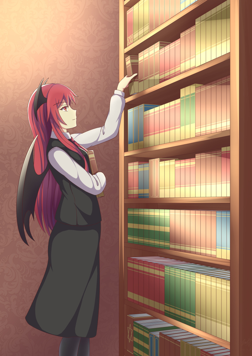 absurdres bat_wings black_legwear black_skirt black_vest black_wings book book_hug bookshelf collared_shirt commentary_request cowboy_shot dress_shirt eyebrows_visible_through_hair head_wings highres holding holding_book koakuma library light_smile long_hair long_sleeves looking_up necktie pantyhose piaoluo_de_ying_huaban red_eyes red_neckwear redhead shirt sidelocks skirt skirt_set standing touhou vest wallpaper_(object) white_shirt wings