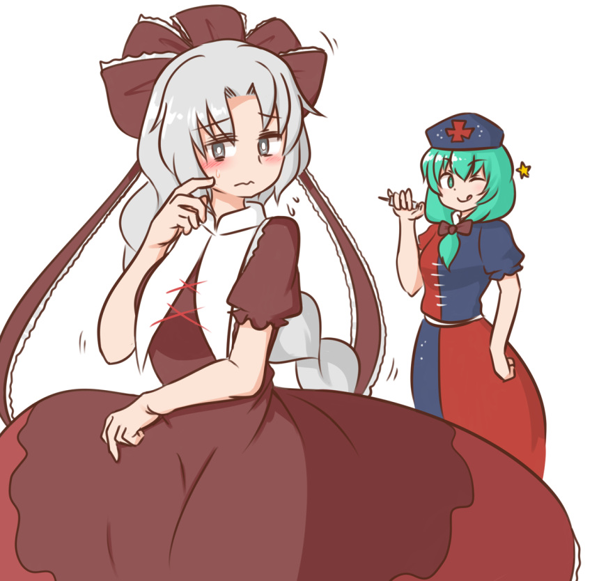 2girls ;q bangs blue_dress blue_headwear blush bow braid brown_bow brown_dress brown_ribbon closed_mouth constellation_print cosplay costume_switch dress eyebrows_visible_through_hair frilled_ribbon frills front_ponytail green_eyes green_hair grey_eyes hair_bow hat holding holding_syringe kagiyama_hina kagiyama_hina_(cosplay) long_hair looking_at_another looking_at_viewer mizusoba multicolored multicolored_clothes multicolored_dress multiple_girls nurse_cap one_eye_closed red_cross red_dress ribbon short_sleeves simple_background single_braid smile standing star_(symbol) sweatdrop syringe tongue tongue_out touhou trigram white_background yagokoro_eirin yagokoro_eirin_(cosplay)