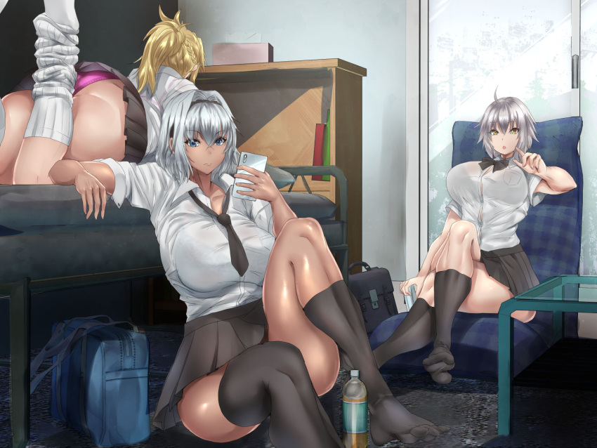 3girls ass bag bangs bed bedroom black_legwear black_neckwear black_skirt blonde_hair blue_eyes bookshelf bottle braid breasts caenis_(fate) cellphone chair coffee_table collared_shirt commentary_request crossed_legs dress_shirt fate/grand_order fate_(series) french_braid hairband high_ponytail highres holding holding_phone indoors jeanne_d'arc_(alter)_(fate) jeanne_d'arc_(fate)_(all) large_breasts legs_up long_hair loose_necktie lying miniskirt mordred_(fate) mordred_(fate)_(all) multiple_girls necktie on_stomach panties phone pillow pink_panties pleated_skirt school_bag school_uniform screen_door shirt short_hair silver_hair sitting skirt sleeves_rolled_up smartphone tan thick_thighs thighs tomliat underwear white_legwear white_shirt