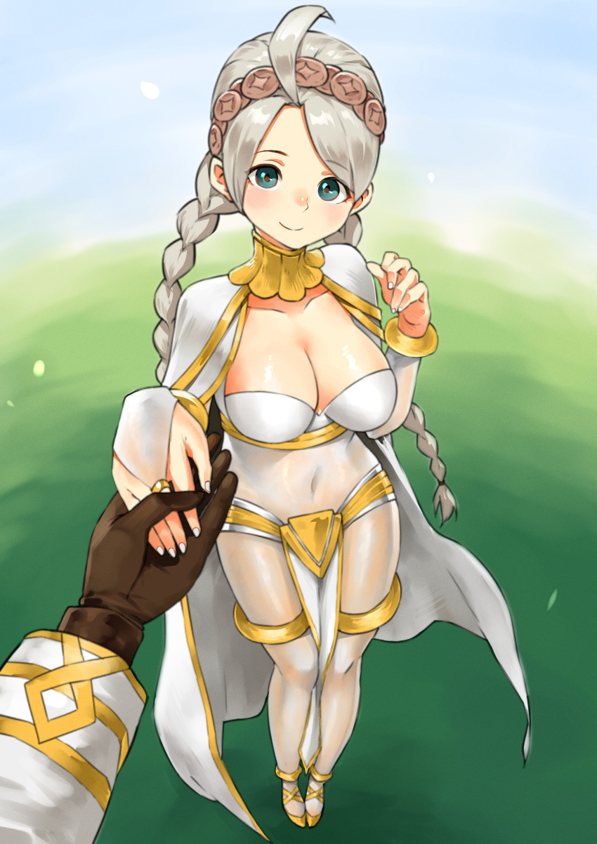 1boy 1girl absurdres ahoge bangs blue_eyes bodystocking braid breasts bridal_gauntlets closed_mouth cosplay fire_emblem fire_emblem_awakening fire_emblem_fates fire_emblem_heroes gloves hairband highres holding_hands huge_filesize igni_tion large_breasts md5_mismatch nail_polish resolution_mismatch source_smaller tharja_(fire_emblem) tharja_(fire_emblem)_(cosplay) white_nails