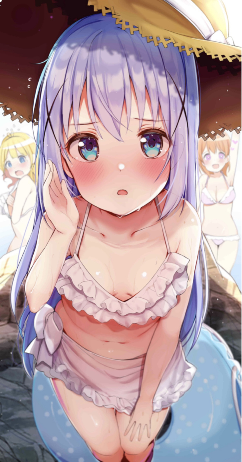 3girls blue_eyes blush character_request commentary_request feet_out_of_frame gochuumon_wa_usagi_desu_ka? hat highres kafuu_chino long_hair looking_at_viewer multiple_girls open_mouth rouka_(akatyann) solo_focus swimsuit
