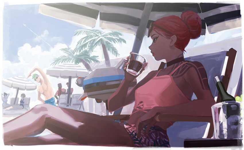1boy 2gou 5girls absurdres aircraft airplane apex_legends arm_tattoo bangalore_(apex_legends) black_choker black_hair blonde_hair braid breasts brown_hair choker clouds crop_top cup d.o.c._health_drone dark-skinned_female dark_skin double_bun drinking drone eyewear_on_head hair_bun highres holding holding_cup leaning_to_the_side lifeline_(apex_legends) loba_(apex_legends) multicolored_hair multiple_girls octane_(apex_legends) pectorals pink_hair redhead science_fiction shirtless shorts sitting sky small_breasts solo_focus stretch summer symbol_commentary tattoo twin_braids umbrella wattson_(apex_legends) wraith_(apex_legends)