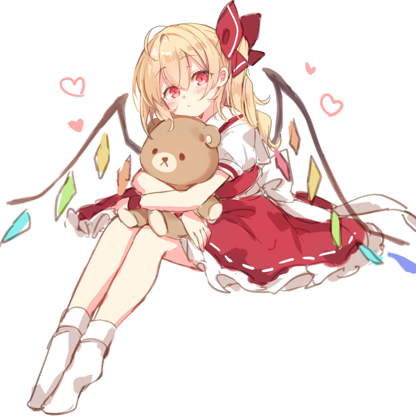 1girl absurdres ahoge blonde_hair blush bow dress flandre_scarlet frilled_dress frills full_body hair_between_eyes hair_bow heart highres long_hair object_hug paragasu_(parags112) red_dress red_wristband shirt simple_background sketch solo stuffed_animal stuffed_toy teddy_bear touhou white_background white_bow white_legwear white_shirt wings