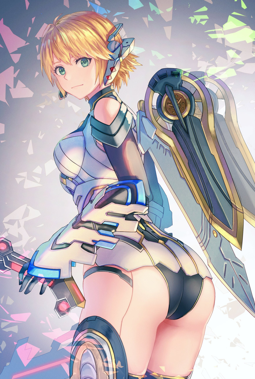 1girl absurdres anbe_yoshirou armor blonde_hair breasts cyborg fiora_(xenoblade) green_eyes highres holding large_breasts looking_at_viewer mecha-fiora short_hair smile solo sword weapon xenoblade_chronicles xenoblade_chronicles_(series)