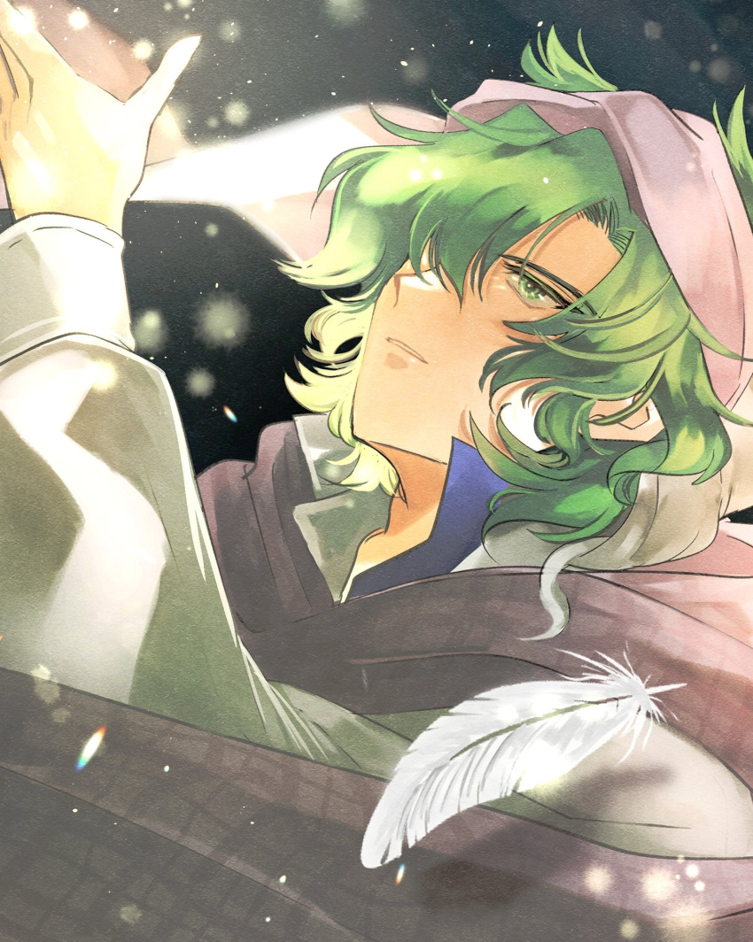 1boy artist_request bandana feathers fire_emblem fire_emblem:_genealogy_of_the_holy_war green_eyes green_hair hair_over_one_eye hand_up highres lewyn_(fire_emblem) light_particles light_rays long_hair looking_up male_focus messy_hair portrait scarf wavy_hair