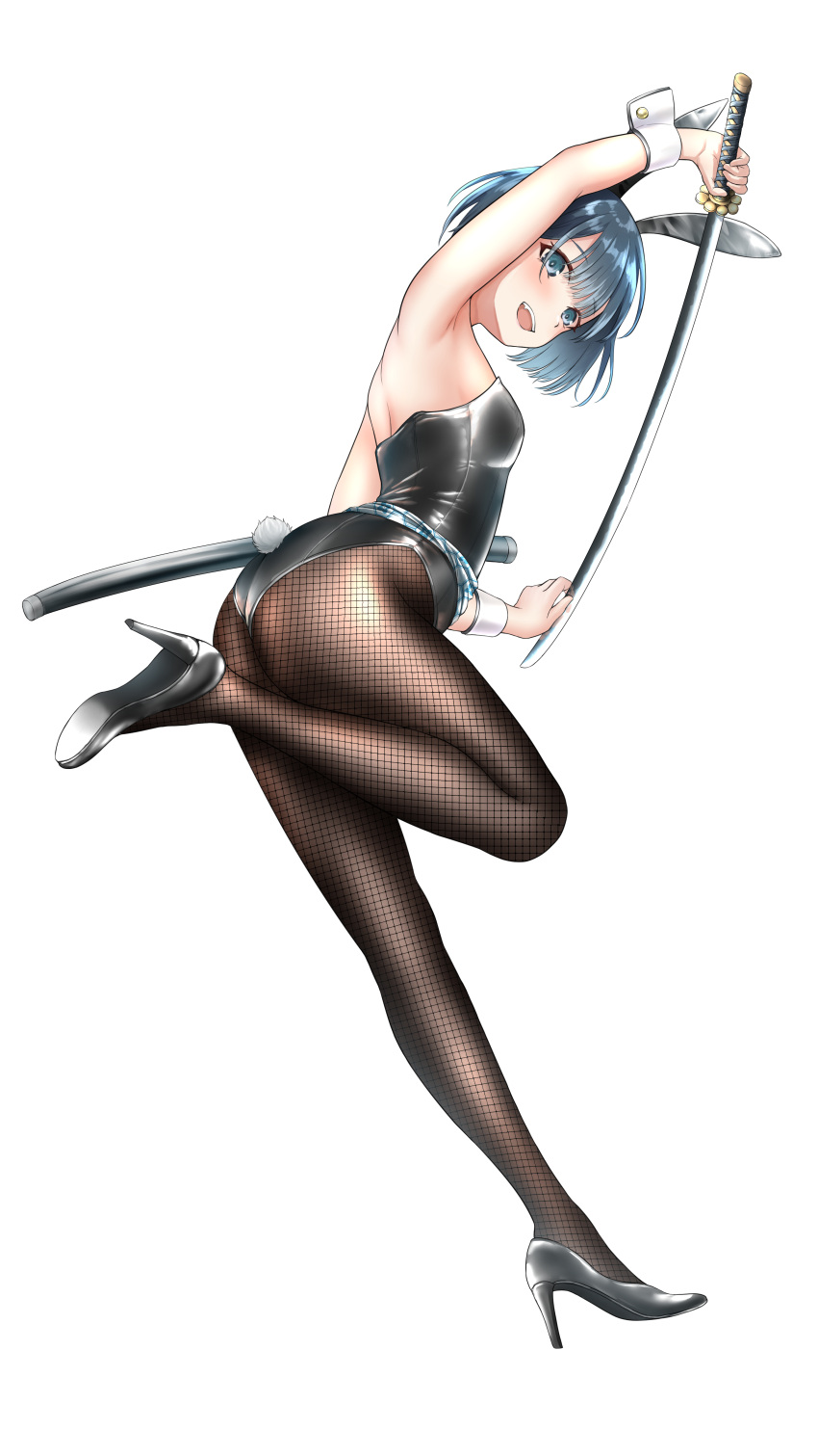 1girl absurdres animal_ears bare_shoulders black_footwear black_legwear black_leotard blue_eyes blue_hair blush breasts bunny_tail commentary_request fake_animal_ears fishnet_legwear fishnets full_body high_heels highres holding holding_sword holding_weapon katana leg_up leotard open_mouth original pantyhose playboy_bunny rabbit_ears short_hair simple_background small_breasts smile solo sword tagashiro_yui tail upper_teeth weapon white_background wrist_cuffs