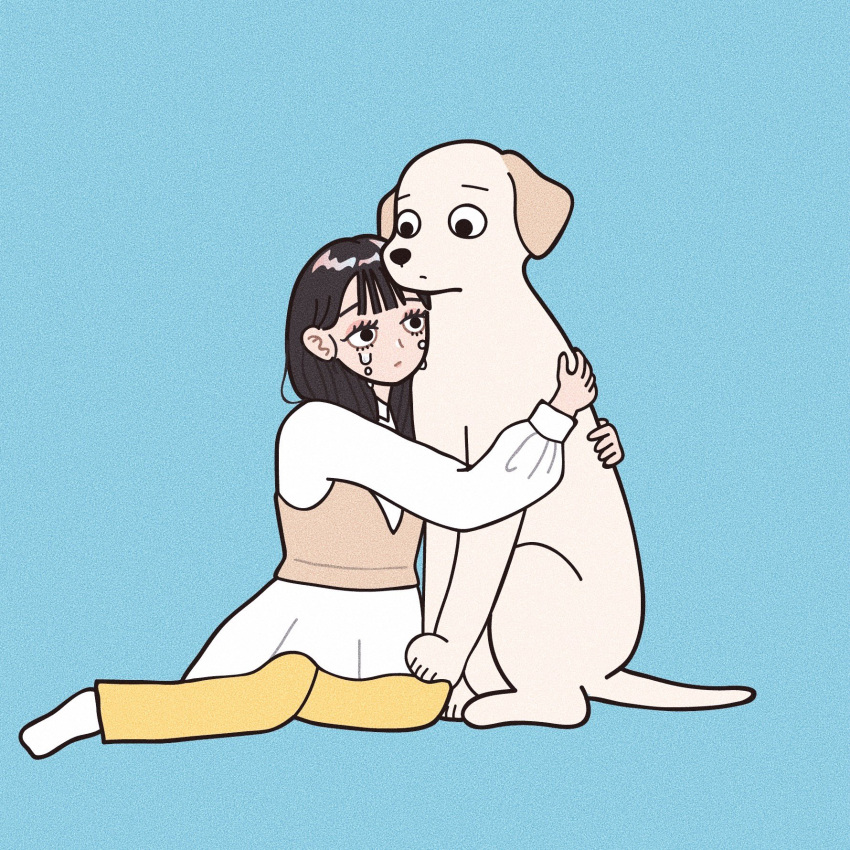 1girl animal animal_hug bangs black_eyes black_hair blue_background crying dog full_body highres hoppe_illust long_hair long_sleeves original pants shirt simple_background sitting socks solo tears white_legwear white_shirt yellow_pants