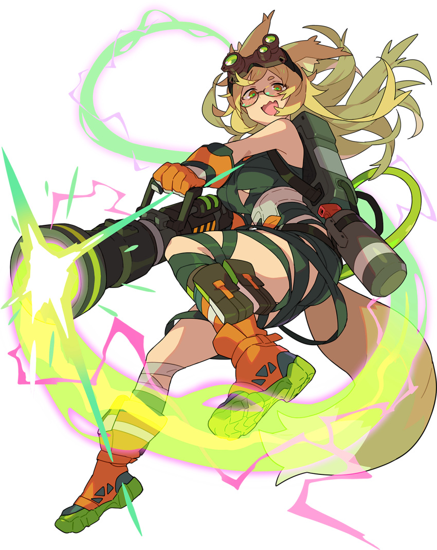1girl animal_ear_fluff animal_ears artist_request backpack bag bandaged_leg bandages bangs belt blonde_hair blush boots breasts brown-framed_eyewear clothing_cutout dress electricity eyebrows_visible_through_hair fang fox_ears fox_girl fox_tail from_side full_body glasses gloves green_dress happy highres holding holding_weapon jumping long_hair looking_at_viewer looking_down lunalu_(world_flipper) medium_breasts non-web_source official_art open_mouth orange_eyes orange_footwear orange_gloves pouch proton_pack semi-rimless_eyewear short_dress sidelocks skin_fang sleeveless sleeveless_dress smile solo tail transparent_background underboob_cutout utility_belt v-shaped_eyebrows wavy_mouth weapon world_flipper