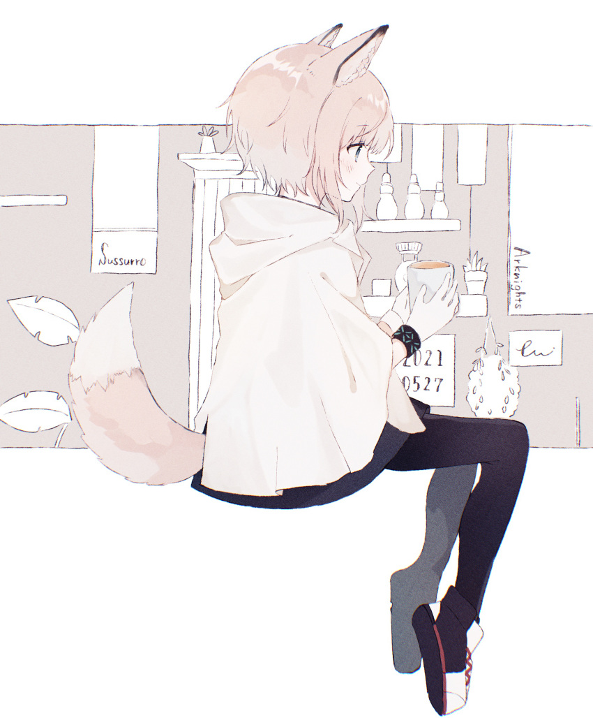 1girl absurdres animal_ears arknights black_footwear black_legwear black_skirt blue_eyes brown_hair coat commentary cup fox_ears fox_girl fox_tail from_side full_body gloves highres holding holding_cup infection_monitor_(arknights) mug nstlgie pantyhose shoes short_hair sitting skirt solo sussurro_(arknights) tail white_coat white_gloves wristband
