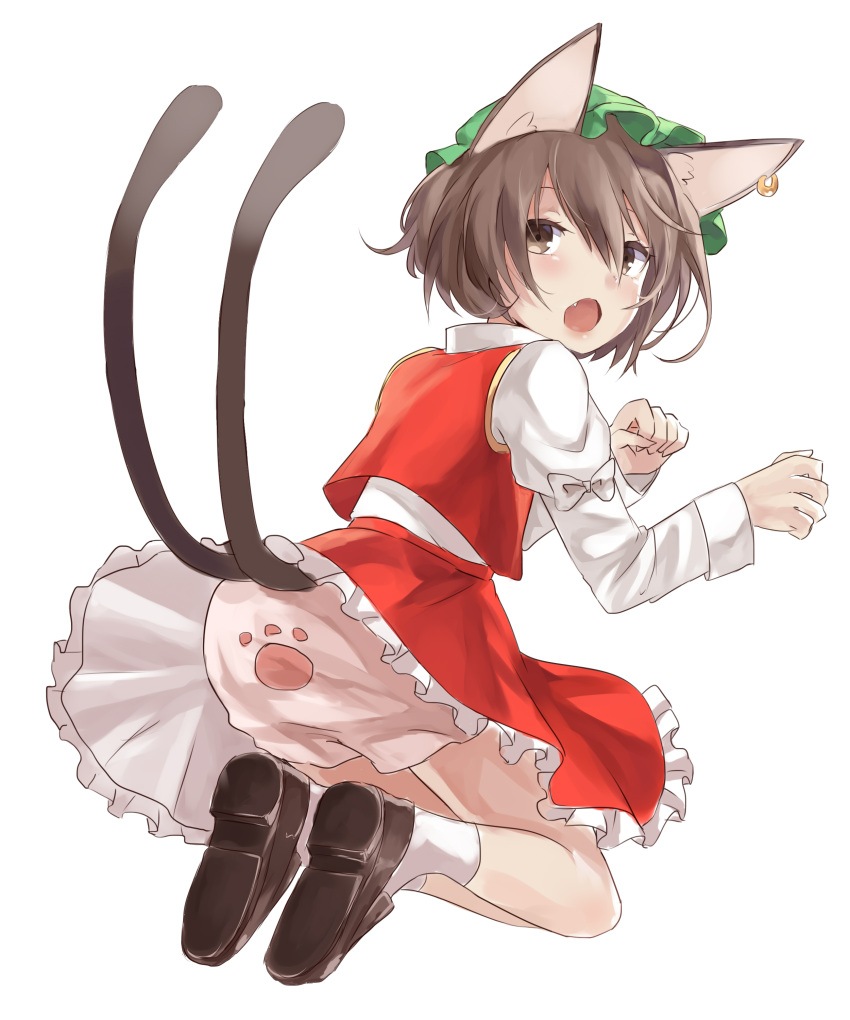 1girl :o absurdres animal_ear_fluff animal_ears ass brown_eyes brown_hair cat_ears cat_tail chen dress fang from_behind full_body gold_trim hat highres jewelry juliet_sleeves kani_nyan light_blush long_sleeves looking_back mob_cap multiple_tails nekomata open_mouth paw_pose paw_print puffy_sleeves red_dress short_hair simple_background single_earring solo tail touhou two_tails upskirt white_background